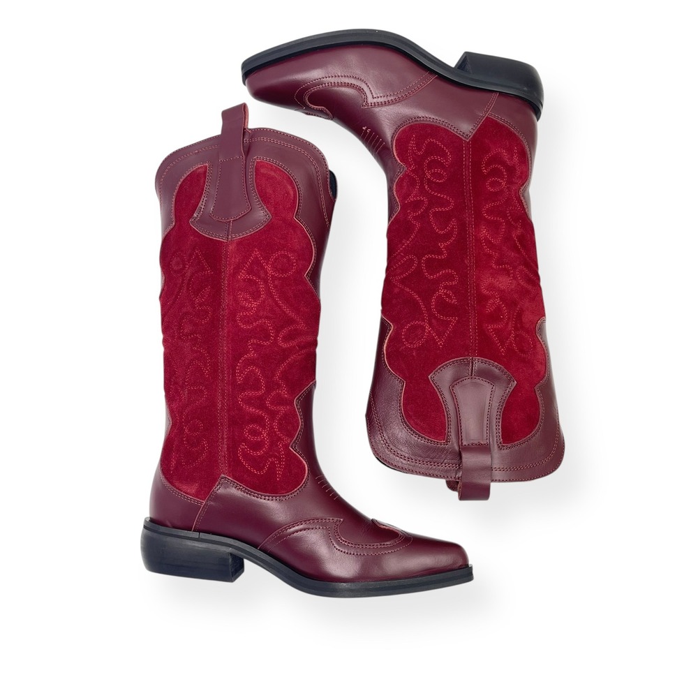 NWT Pilcro Anthropologie Western Red Cowboy Boots EU 39 Leather Suede $280 - Picture 5 of 16